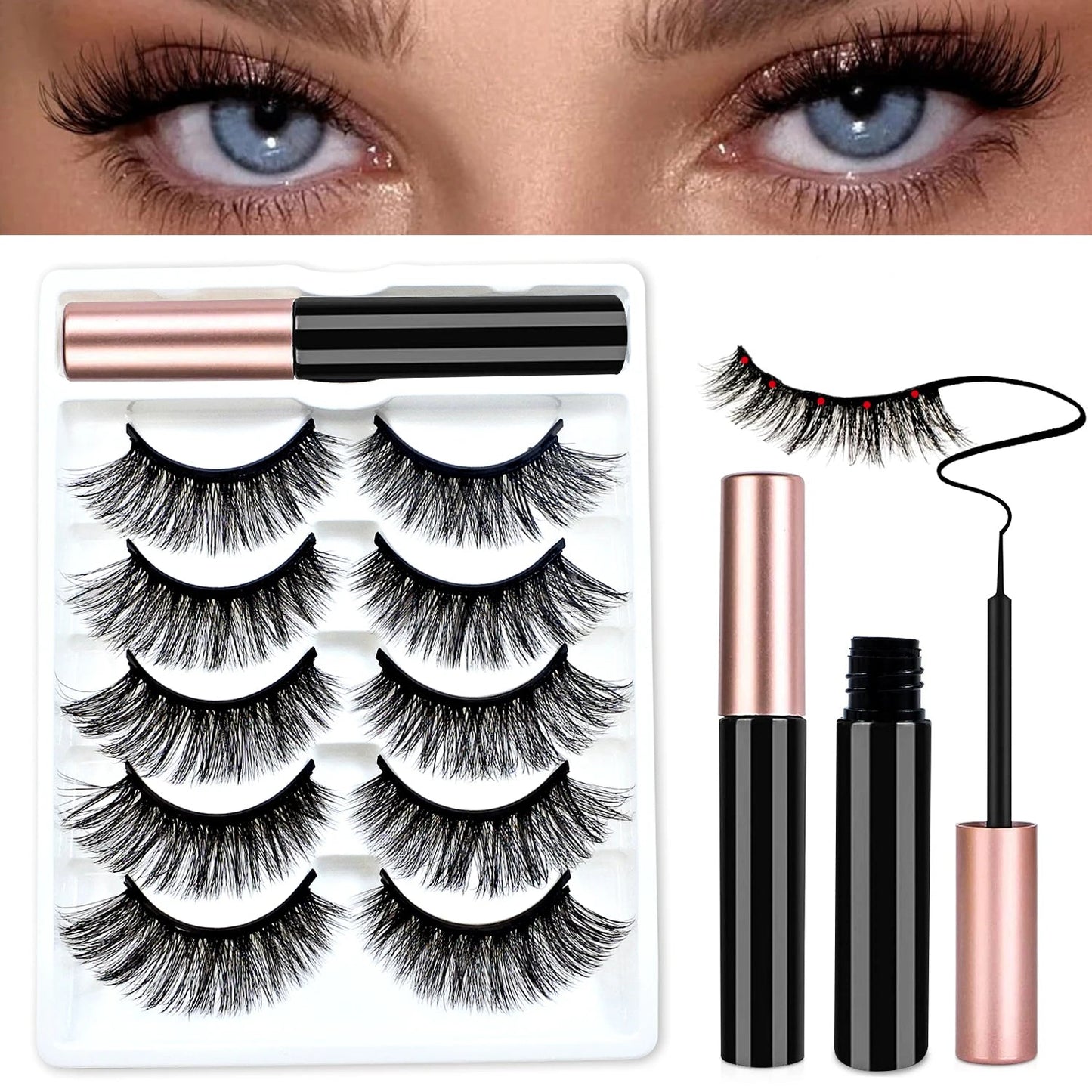 Lot de 5 paires de faux cils magnétiques avec eye-liner